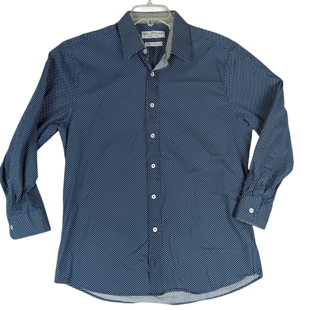 Nick Graham Everywhere Sport Shirt Mens Large Blue/White Polka Dot Party No Tuck - Picture 2 of 11